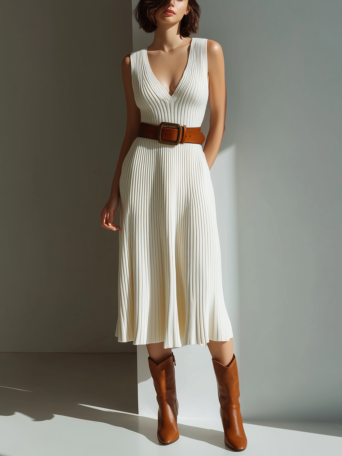 ElevenOra Chic Casual White Deep V-Neck Sleeveless Belted Slim-Fit Ribbed Knit Midi Dress