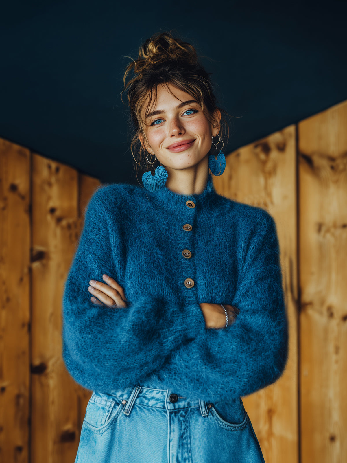 ElevenOra Chic Vintage Royal Blue Stand Collar Single-breasted Lantern Sleeve Slim Fit Fuzzy Knit Cardigan