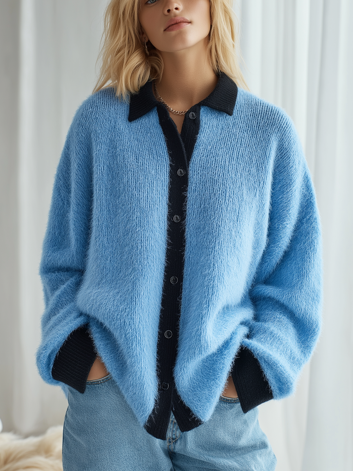 ElevenOra Chic Vintage Blue Black Colorblock Polo Collar Single-Breasted Long Sleeve Oversized Fuzzy Knit Cardigan