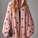 ElevenOra Chic Casual Pink-Black Stars Jacquard Stand Collar Long-Sleeve Zipper-Front Oversized Wool Blend Knit Cardigan