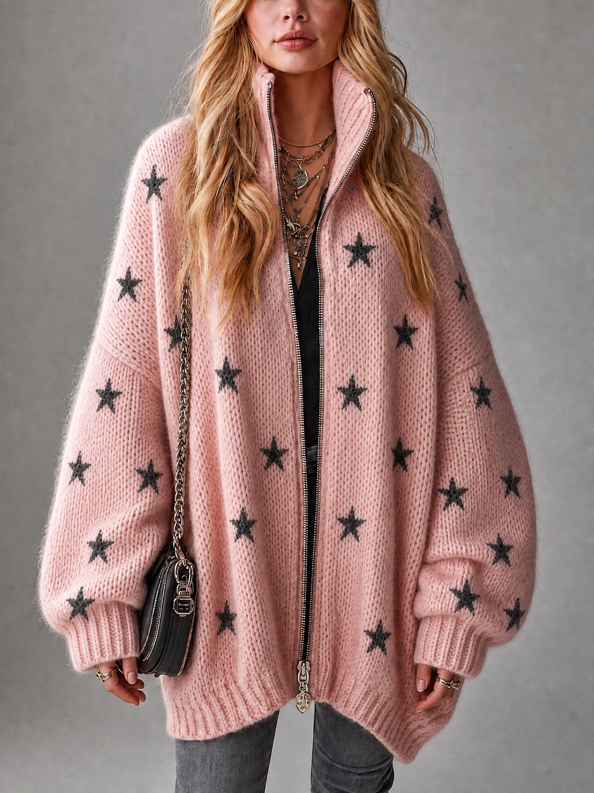 ElevenOra Chic Casual Pink-Black Stars Jacquard Stand Collar Long-Sleeve Zipper-Front Oversized Wool Blend Knit Cardigan