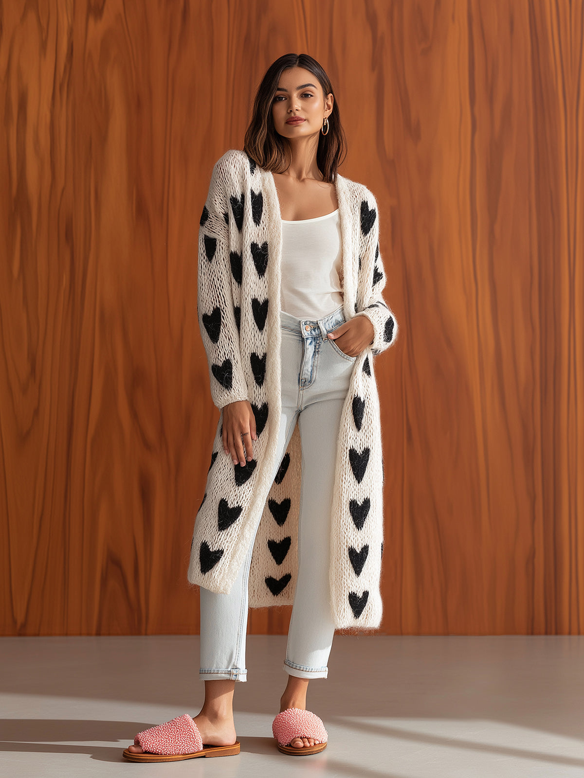 ElevenOra Chic Elegant Black White Heart Pattern Collarless Long-Sleeve Loose-Fit Knit Mid-Length Cardigan