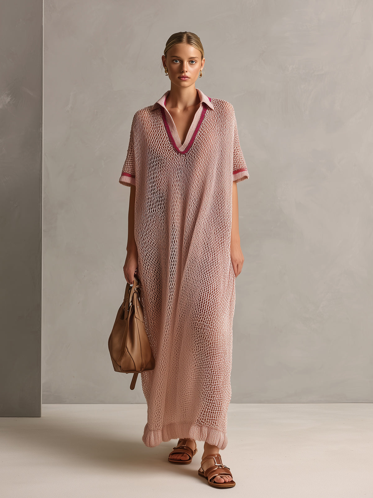 ElevenOra Chic Elegant Pink Lapel V-Neck Short-Sleeve Contrast Trim Detail Hollow Out Oversize Knit Maxi Dress