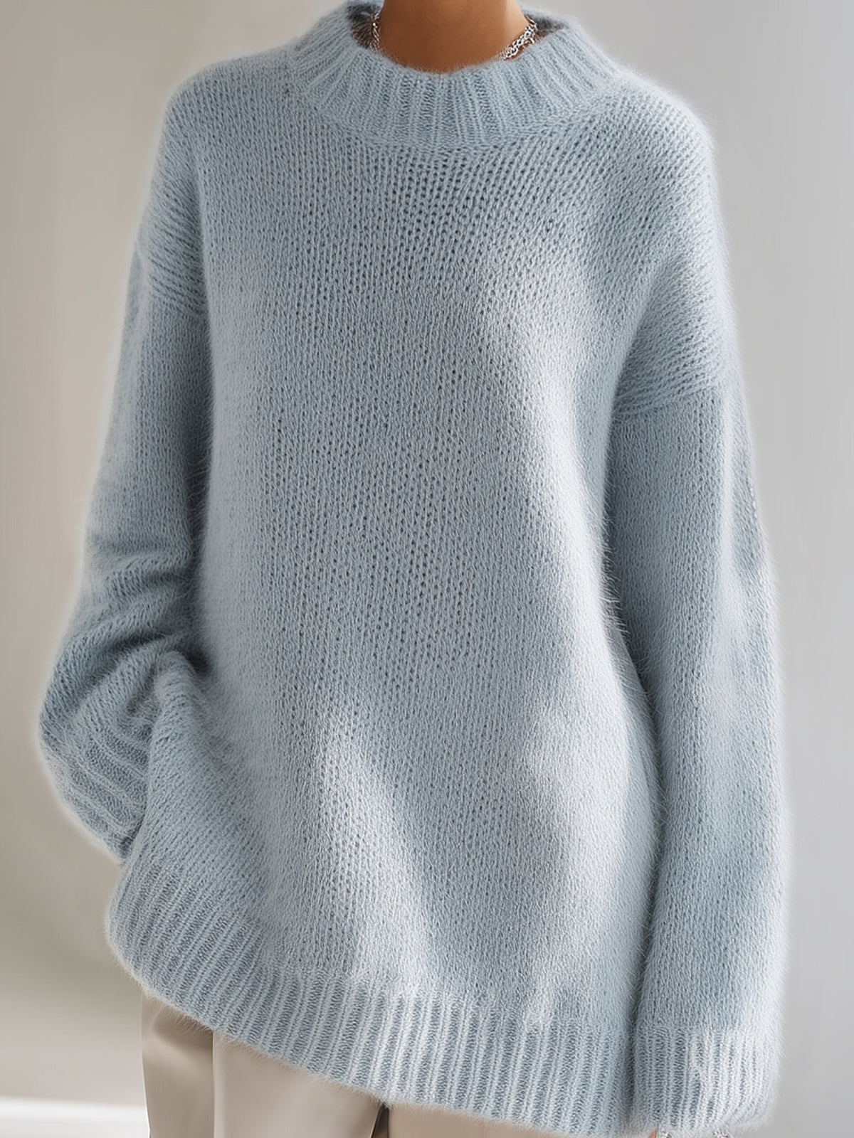 ElevenOra Chic Elegant Light Blue Round Neck Long Sleeve Oversized Fuzzy Knit Sweater