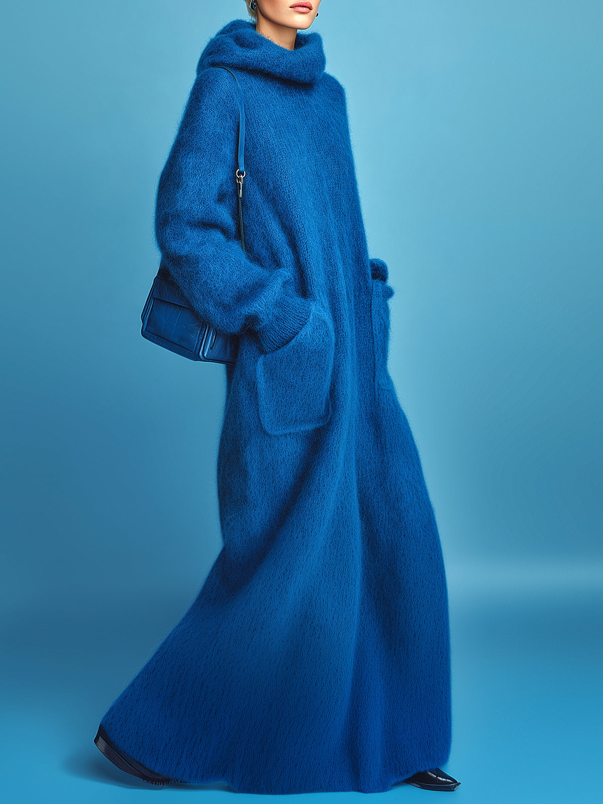 ElevenOra Chic Elegant Royal Blue Oversized Long Sleeve Patch Pockets Fuzzy Knit Hooded Maxi Dress
