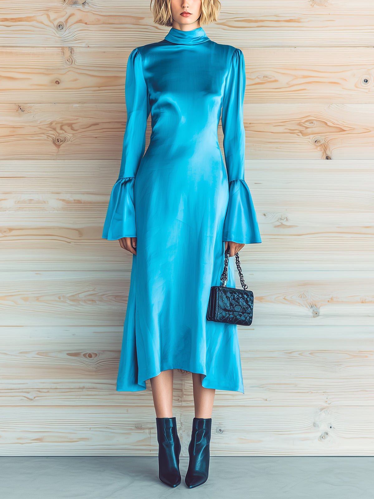 ElevenOra Chic Vintage Blue Satin Mock Neck Bell Sleeve Fitted Drapped Hem Midi Dress