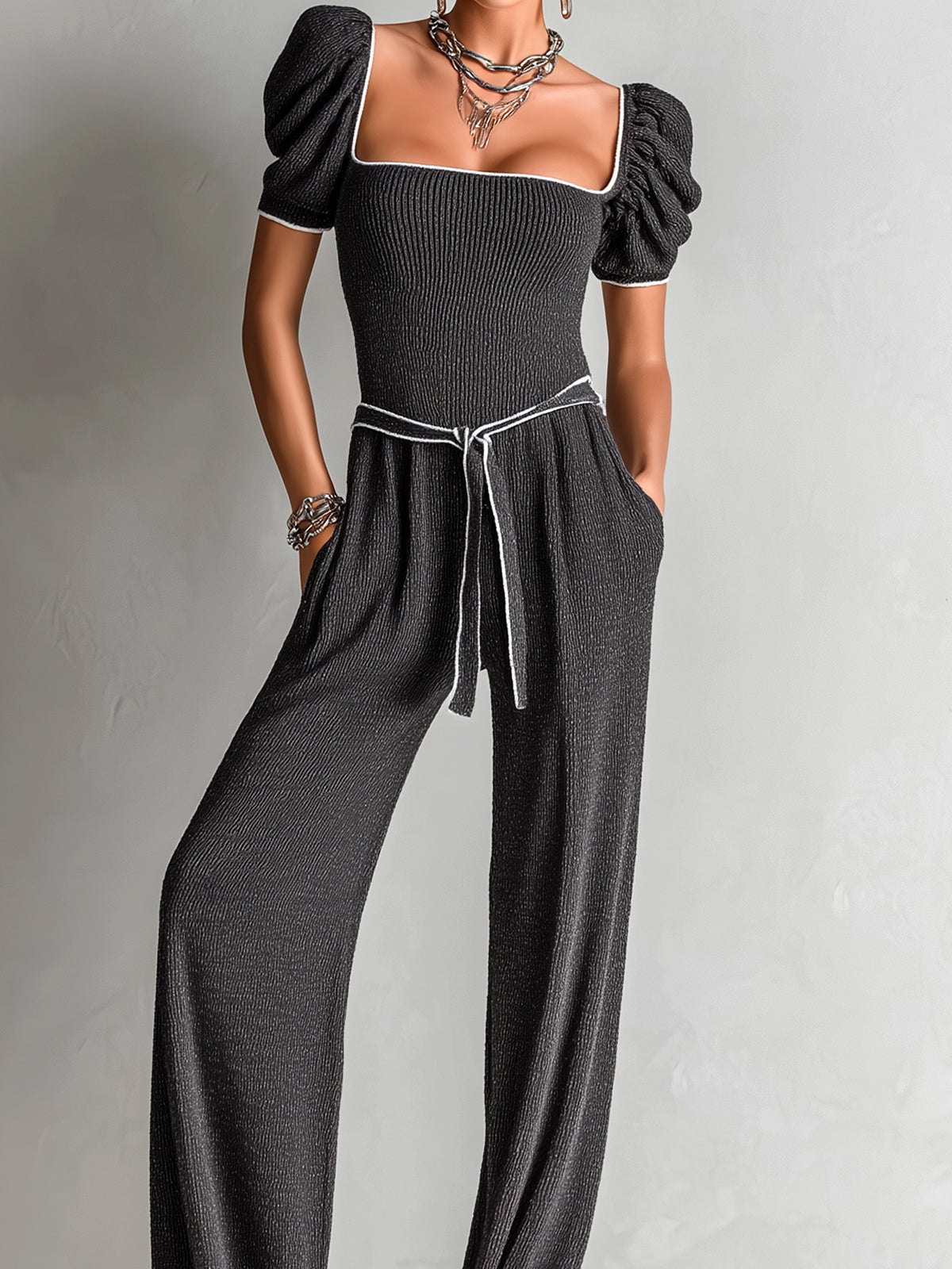 ElevenOra Chic Elegant Gray Square Neck Short Puff Sleeve Contrast Trim Detail Belted Wide Leg Ribbed Knit Jumpsuit