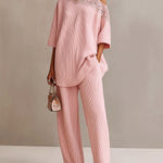 ElevenOra Chic Elegant Pink One-Shoulder Short-Sleeve Lace Detail Oversize Sweater And Relaxed-Fit Ribbed Knit Pants Two-Piece Set