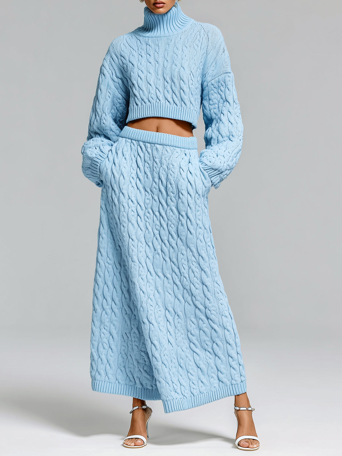 ElevenOra Chic Vintage Baby Blue Turtle Neck Oversized Long-sleeve Mini Sweater A-Line Skirt Cable-Knit Two-piece Set