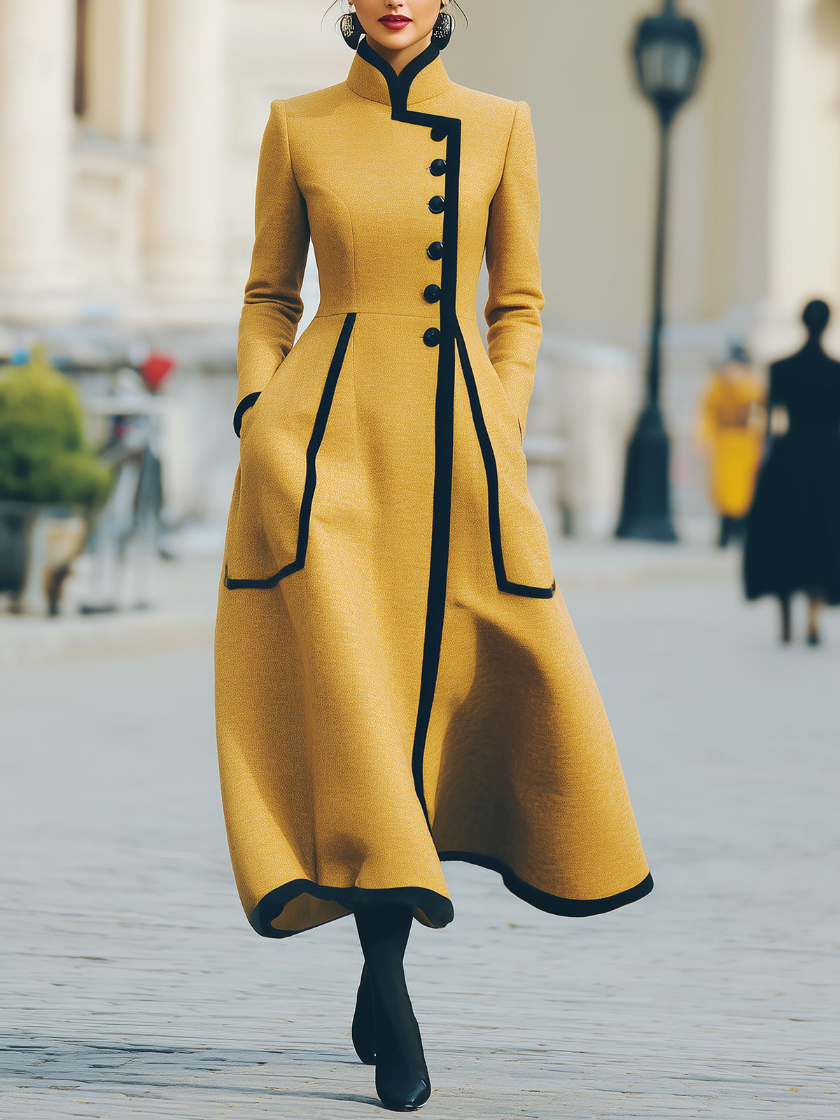 ElevenOra Vintage Elegant Wool Blend Stand-up Collar Slanted Single-breasted Contrast Trim Tailored Waist Long Coat