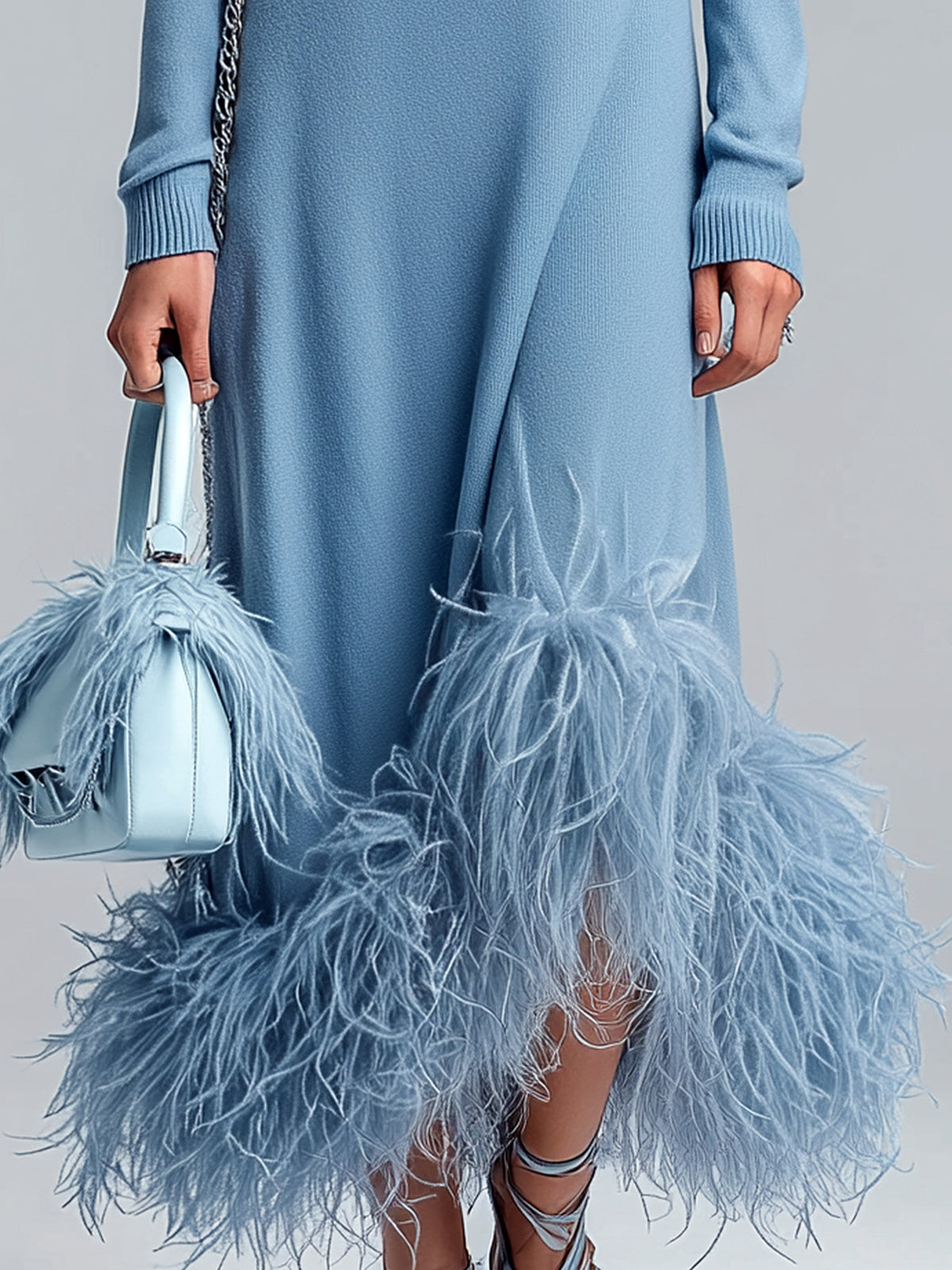 ElevenOra Chic Elegant Blue Turtleneck Long Sleeve Cutout And Feather Trim Detail Knit Maxi Dress