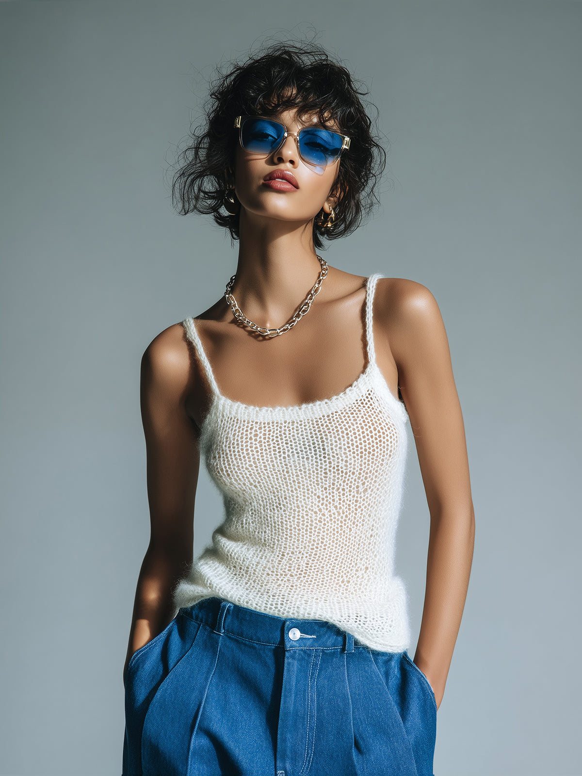 ElevenOra Chic Casual Square Neck Sleeveless Thin Strap Soft Fuzzy Knit Camisole