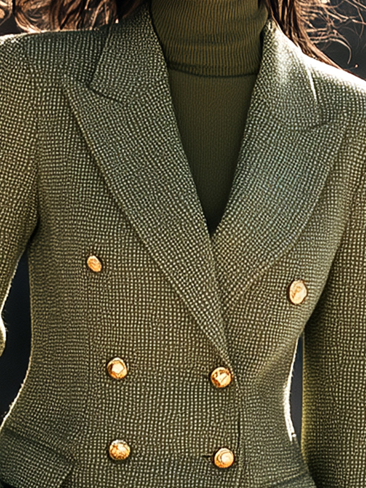 ElevenOra Chic Elegant Green Wool Blend Peak Lapel Double-Breasted Slim-Fit Blazer