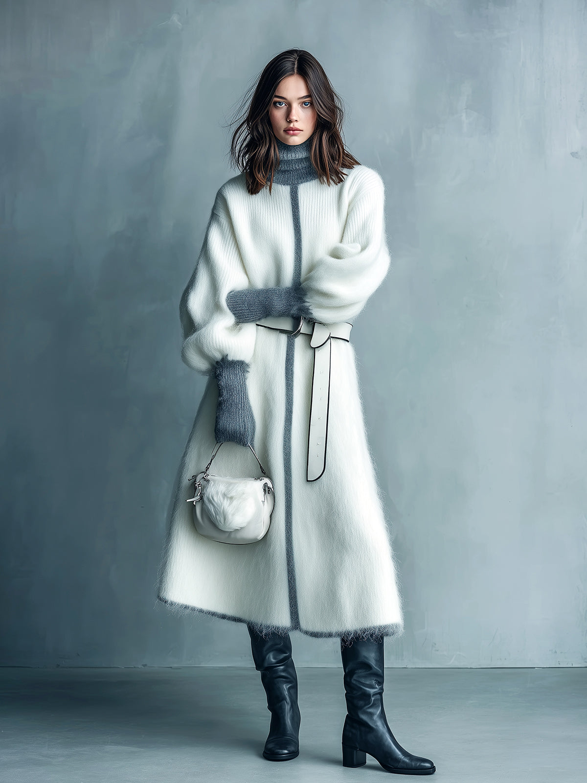 ElevenOra Chic Elegant Oversized Turtle Neck Belted Contrast Trim Long Sleeve Knit Midi Dress