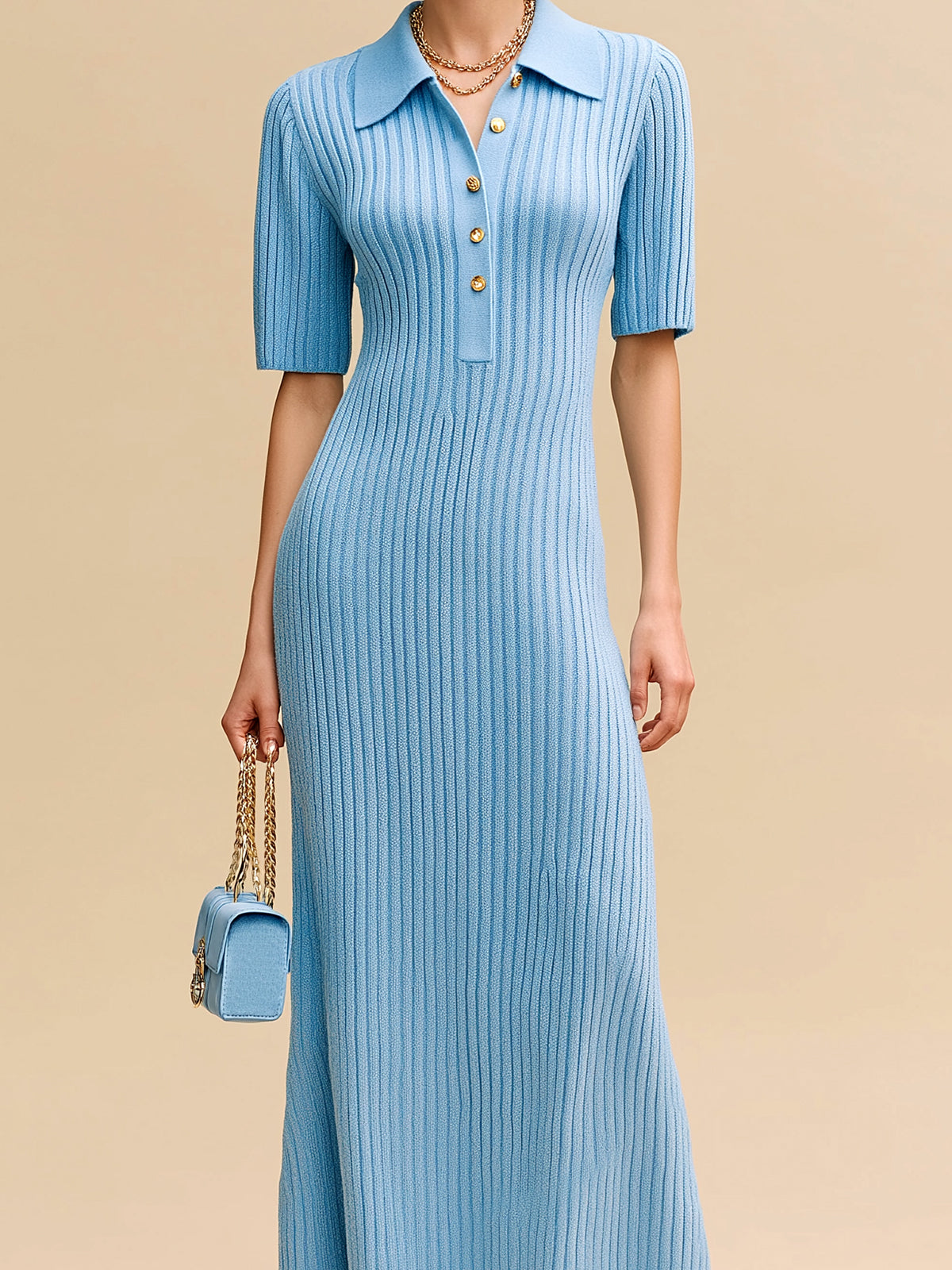ElevenOra Chic Elegant Blue Lapel Collar Button-Front Short-Sleeve Slim-Fit Flare Hem Ribbed Knit Maxi Dress