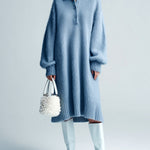 ElevenOra Chic Elegant Blue Button-Up Lapel Long Lantern Sleeve Oversized Fuzzy Knit Midi Dress