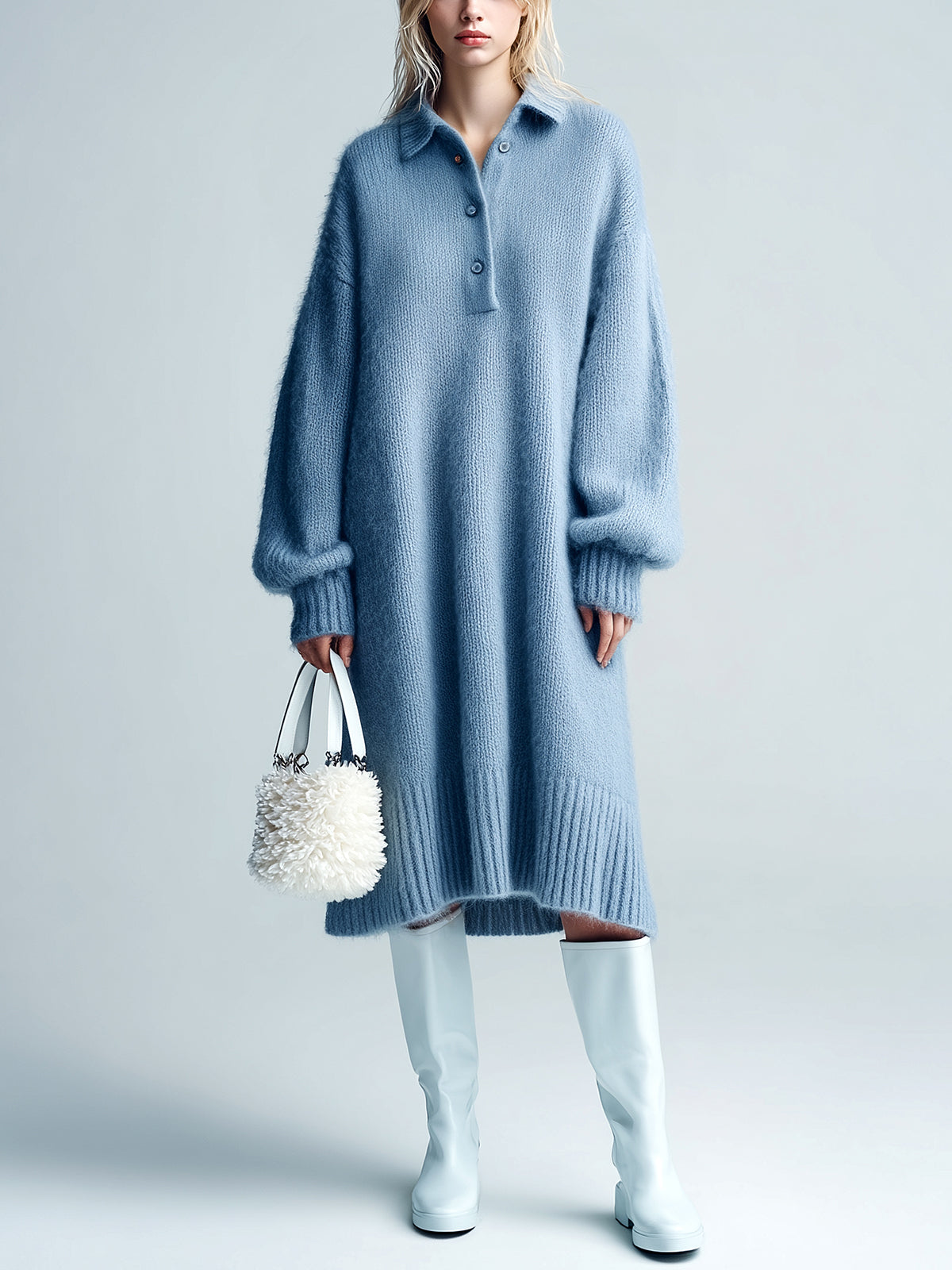 ElevenOra Chic Elegant Blue Button-Up Lapel Long Lantern Sleeve Oversized Fuzzy Knit Midi Dress