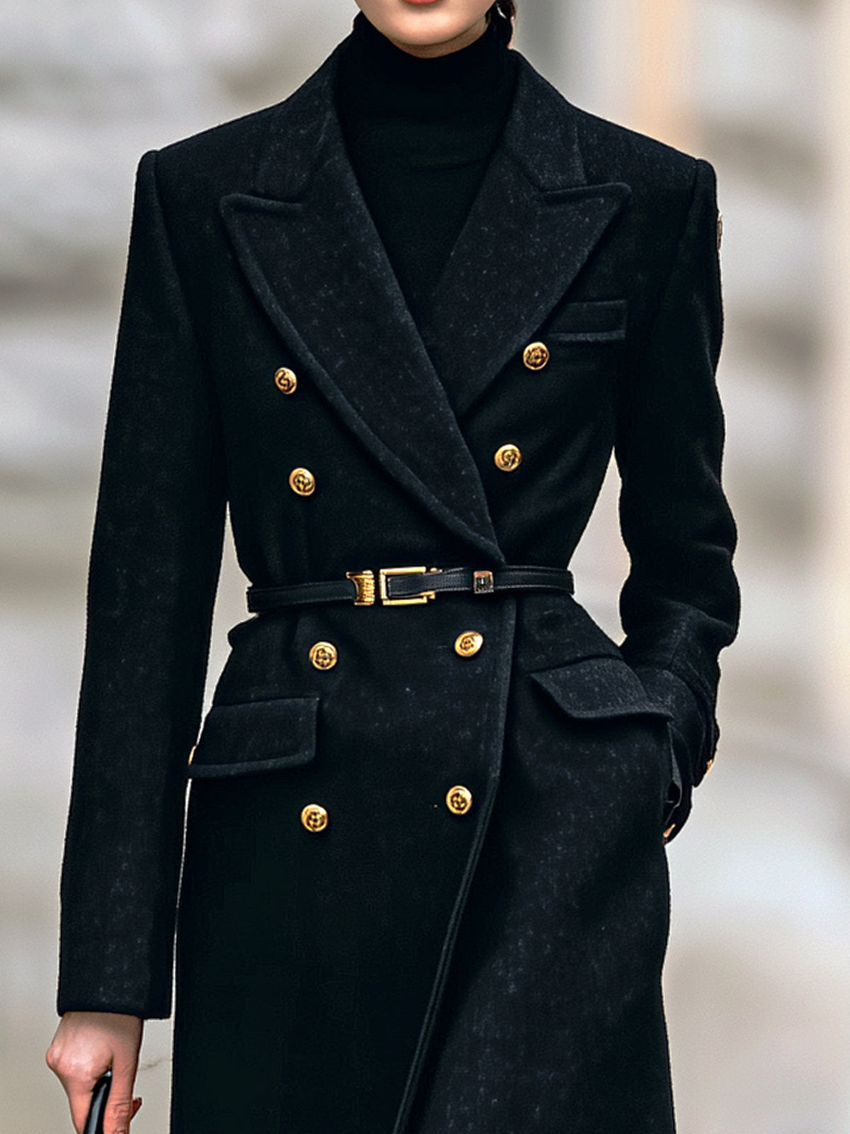 ElevenOra Vintage Elegant Velvet Peak Lapel Double-Breasted Tailored Waist Belted Long Coat