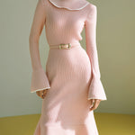 ElevenOra Vintage Elegant Ruffled High Collar Long Bell Sleeves Belted Knit Flounce Hem Midi Dress