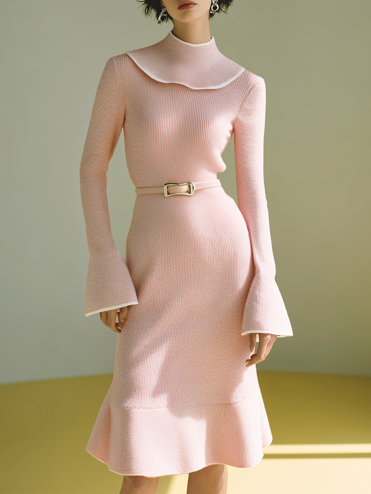 ElevenOra Vintage Elegant Ruffled High Collar Long Bell Sleeves Belted Knit Flounce Hem Midi Dress