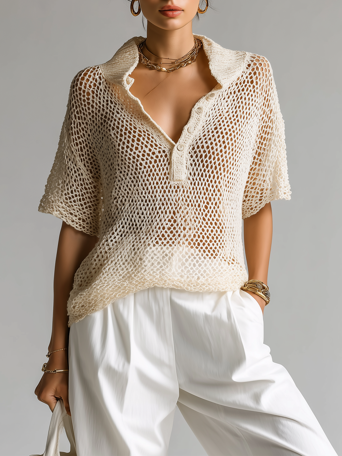 ElevenOra Fashion Casual Beige Lapel Button Mesh Short-Sleeve Loose Knit Sweater Top