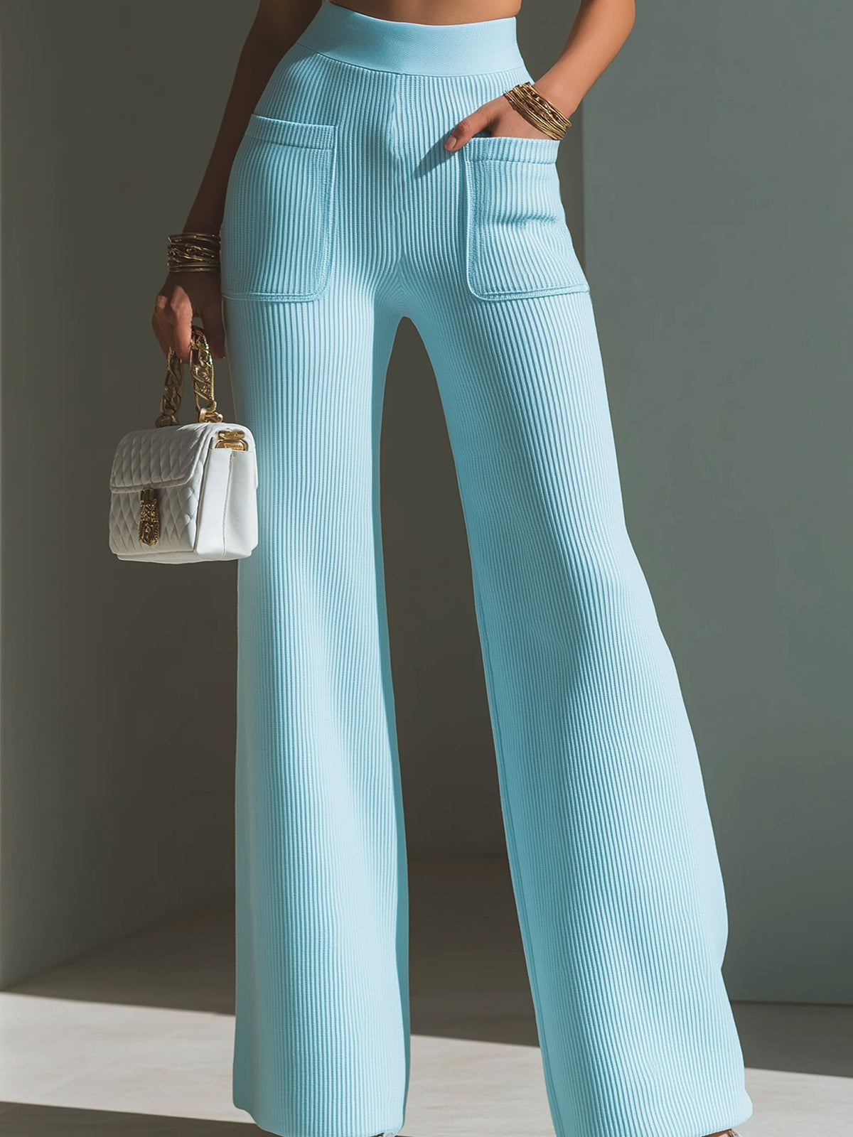 ElevenOra Chic Elegant Baby Blue High Waist Patch Pocket Details Ribbed Knit Wide-Leg Pants