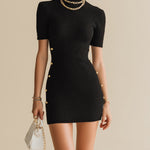 ElevenOra Chic Elegant Black Round-Neck Short-Sleeve Gold Button Details Bodycon Knit Mini Dress
