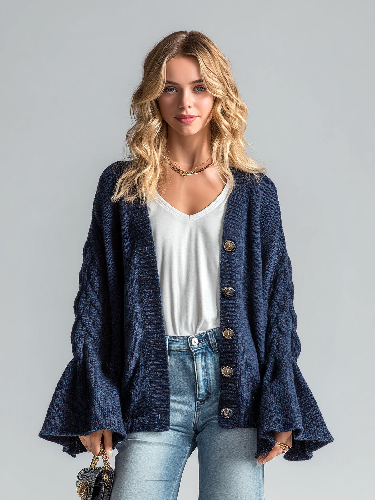 ElevenOra Chic Vintage Navy V-Neck Single-Breasted Bell Sleeve Oversized Cable-Knit Cardigan