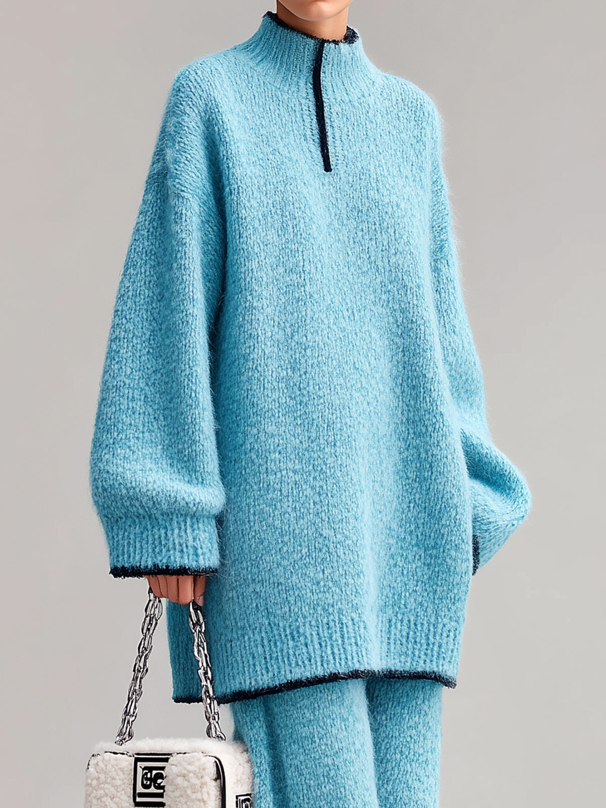 ElevenOra Chic Casual Baby Blue Fuzzy Half-Zip Mock Neck Contrast Trim Long-Sleeve Sweater Cuffed Pants Oversized Knit Two-Piece Set