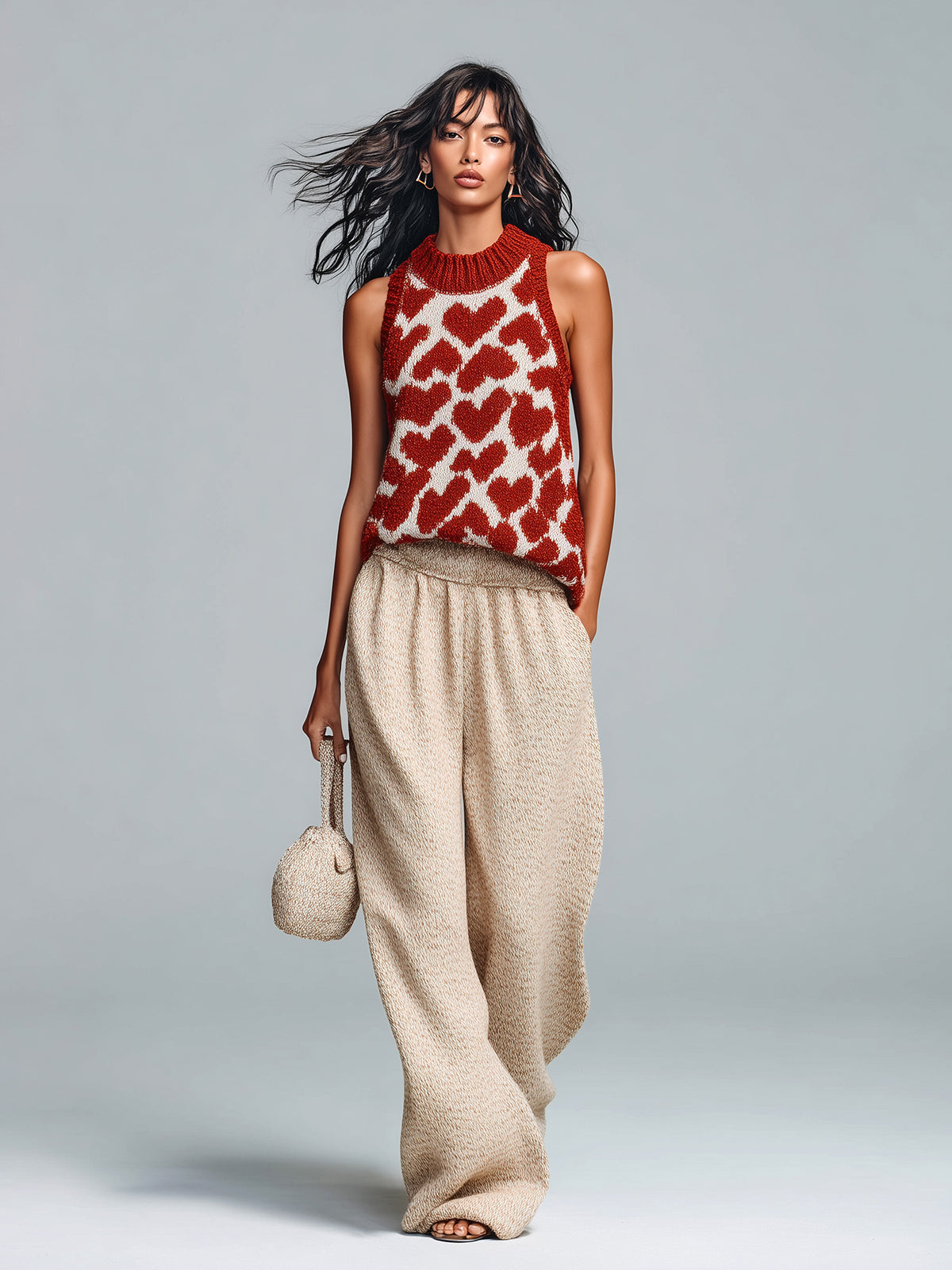 ElevenOra Chic Casual Red-Beige Jacquard Round Neck Sleeveless Loose-Fit Vest Wide-Leg Pants Knit Two-Piece Set