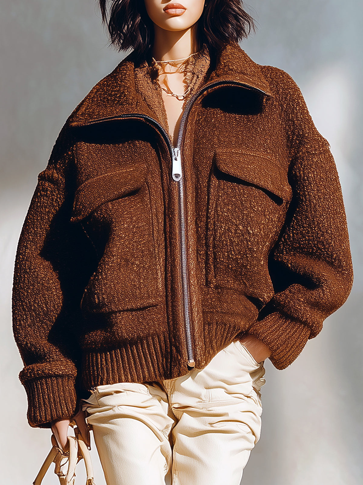 ElevenOra Chic Vintage Dark Brown Wool Blend Lapel Zip-Up Multi-Pocket Slouchy Short Jacket