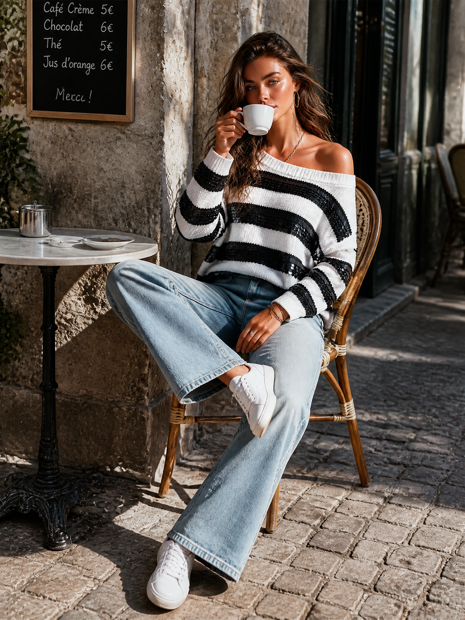 ElevenOra Chic Casual Black-White Stripes Off Shoulder Sequin Accent Dropped-Shoulder Long-Sleeve Loose-Fit Knit Sweater