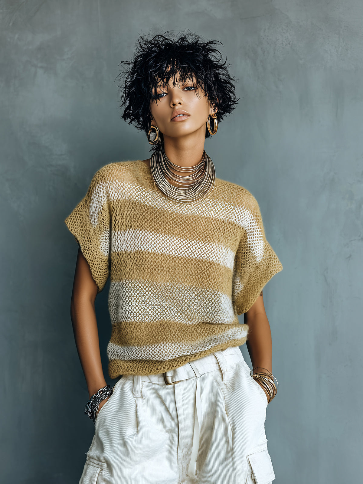 ElevenOra Chic Casual Khaki-White Stripes Round Neck Short-Sleeve Loose-Fit Knit Sweater Top