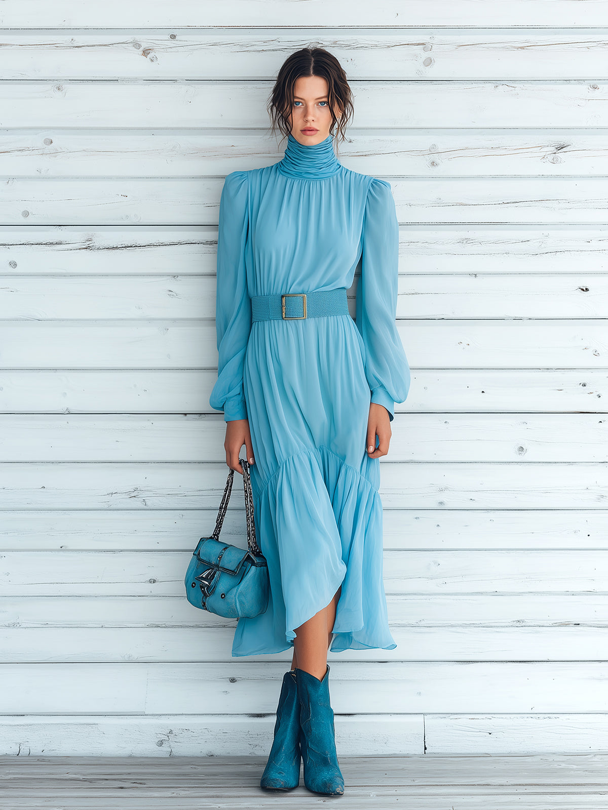 ElevenOra Chic Vintage Blue Chiffon Turtleneck Long Lantern Sleeve Belted Tailored Waist Ruffled Hem Maxi Dress