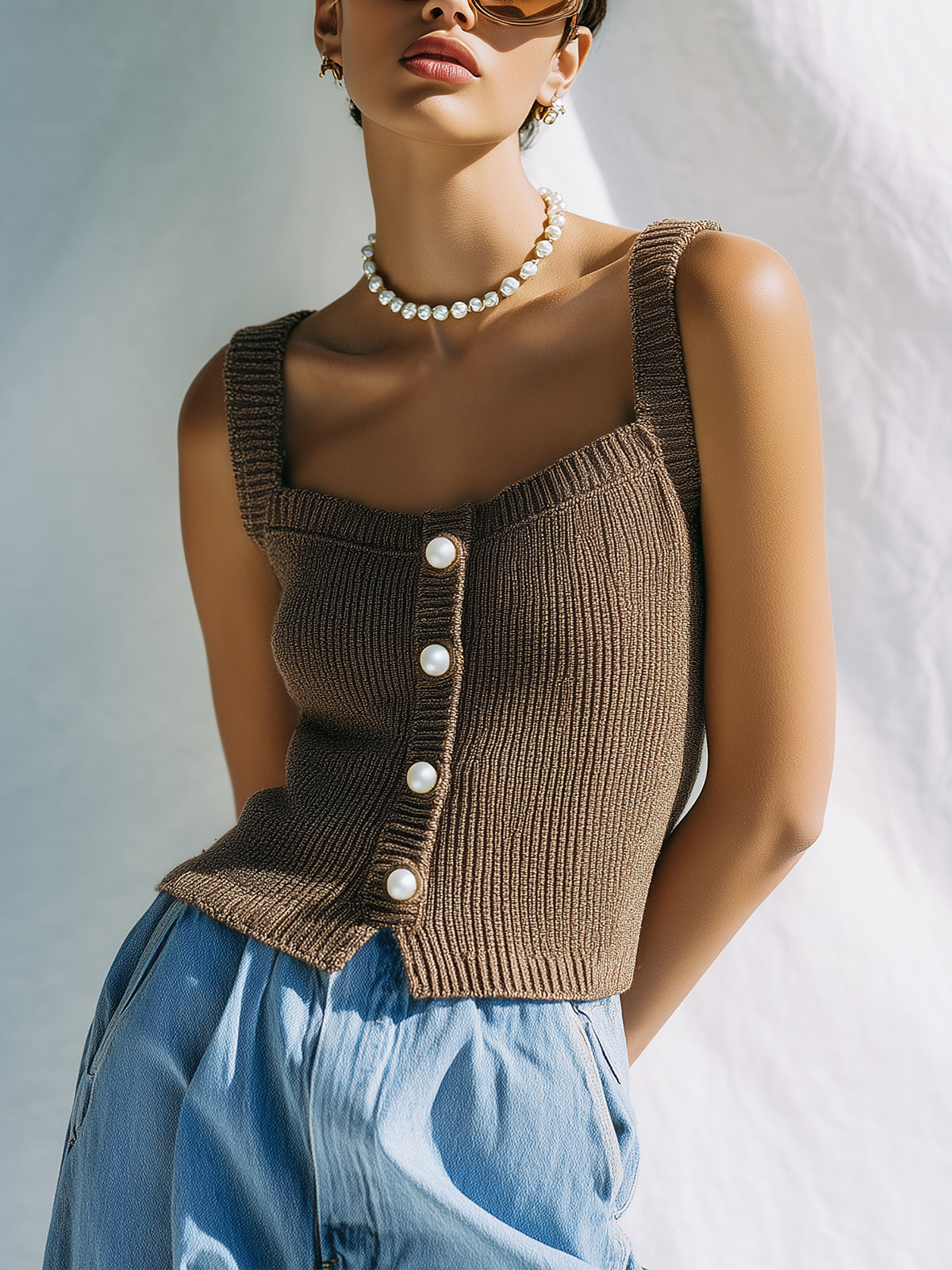 ElevenOra Chic Casual Brown Square Neck Sleeveless Button Details Slim-Fit Ribbed Knit Tank Top