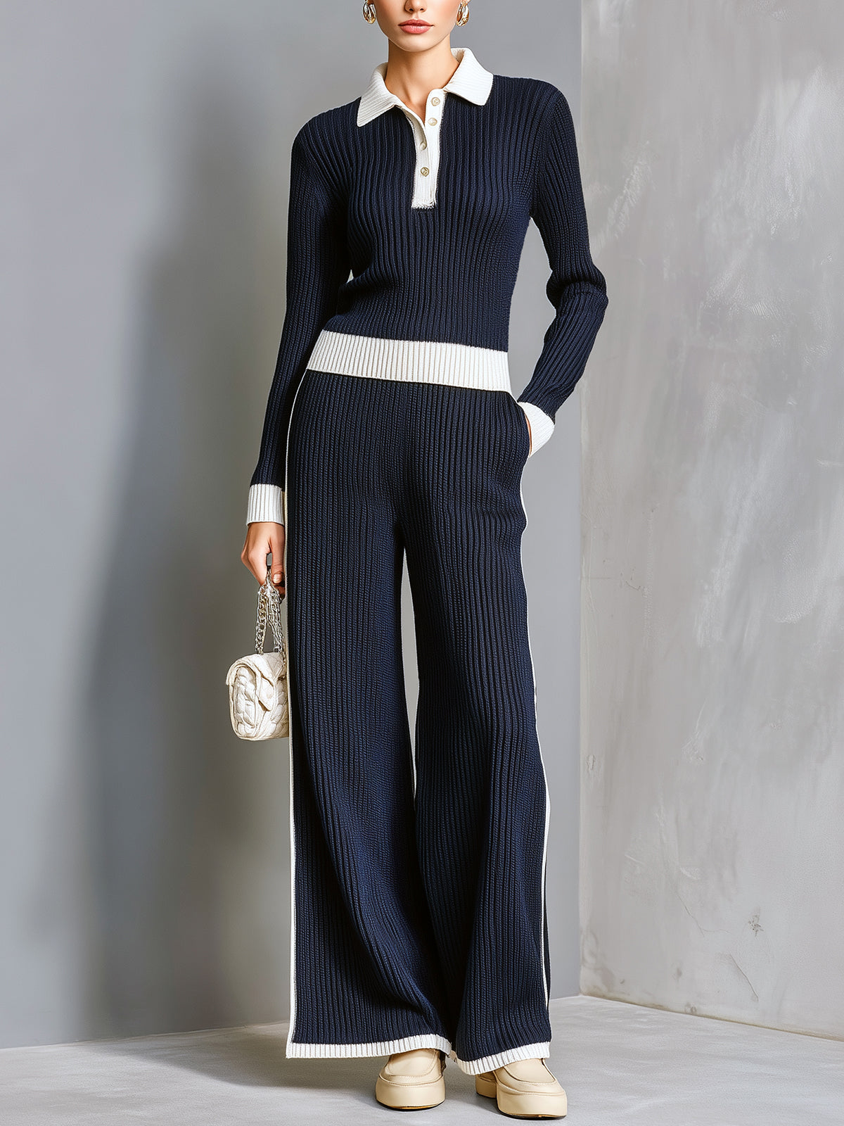 ElevenOra Vintage Elegant Colorblock Polo Collar Slim Long-sleeved Sweater Wide-leg Pants Ribbed Knit Two-piece Set