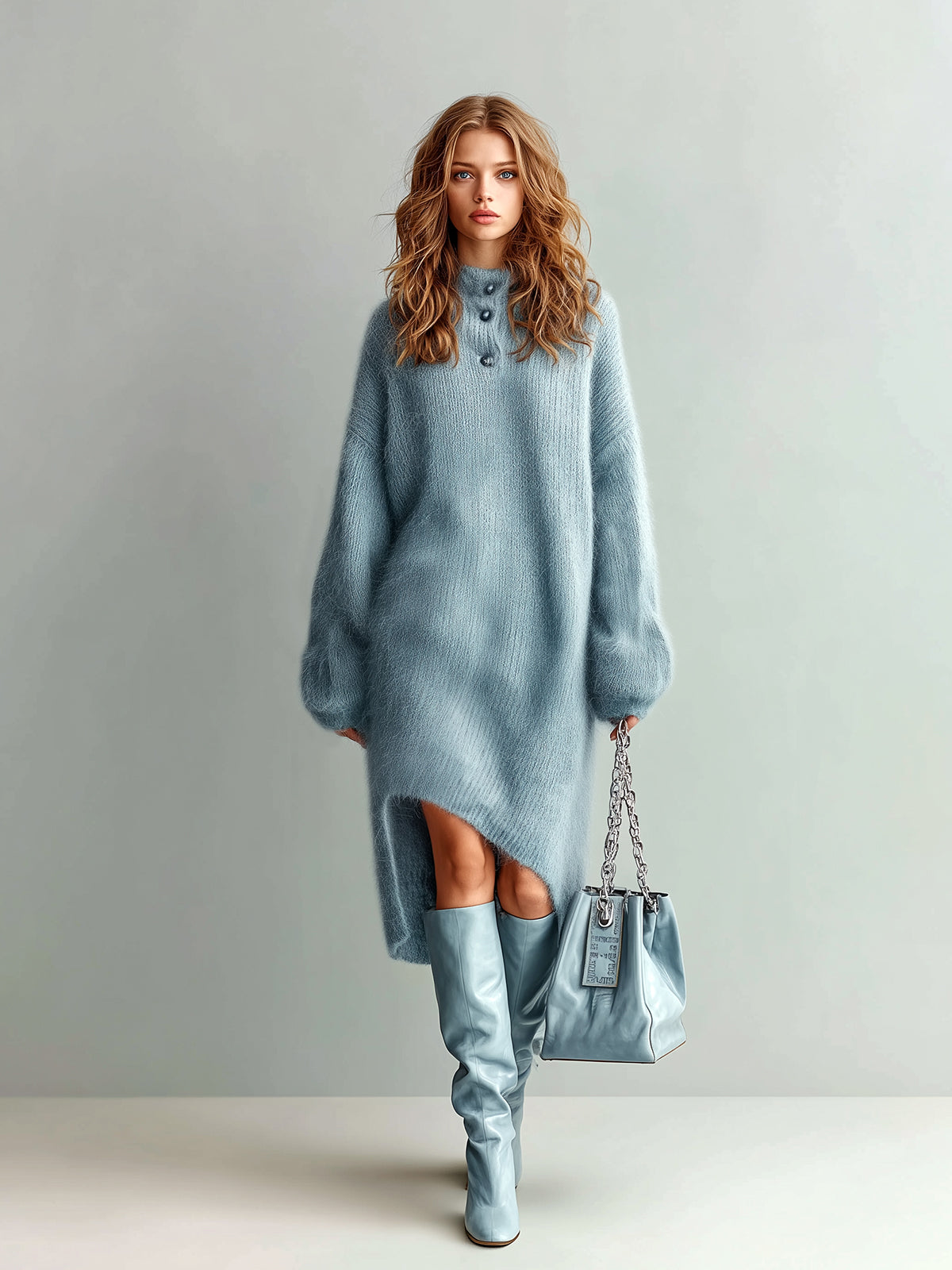 ElevenOra Chic Elegant Gray Henley Collar Long Lantern Sleeve Oversized Asymmetrical Hem Fuzzy Knit Midi Dress