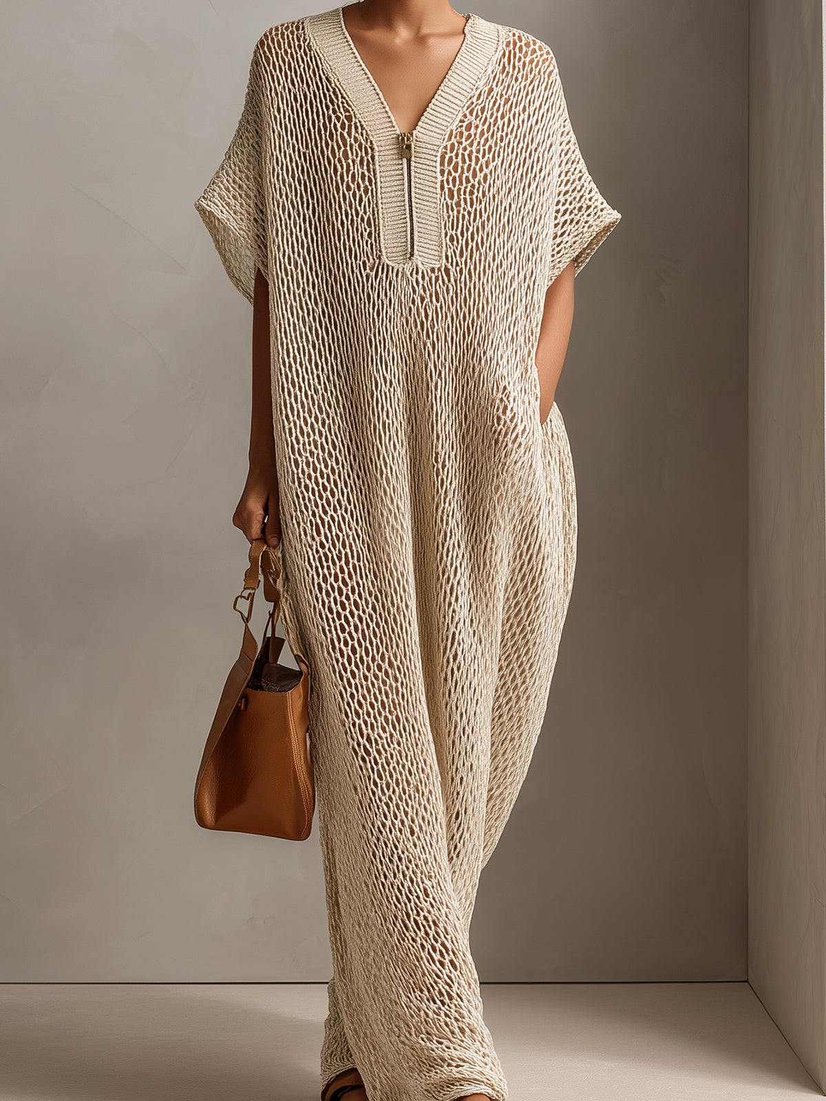 ElevenOra Chic Elegant Beige Zipper-Up Ribbed V-Neck Short-Sleeve Oversize Hollow Out Knit Maxi Dress