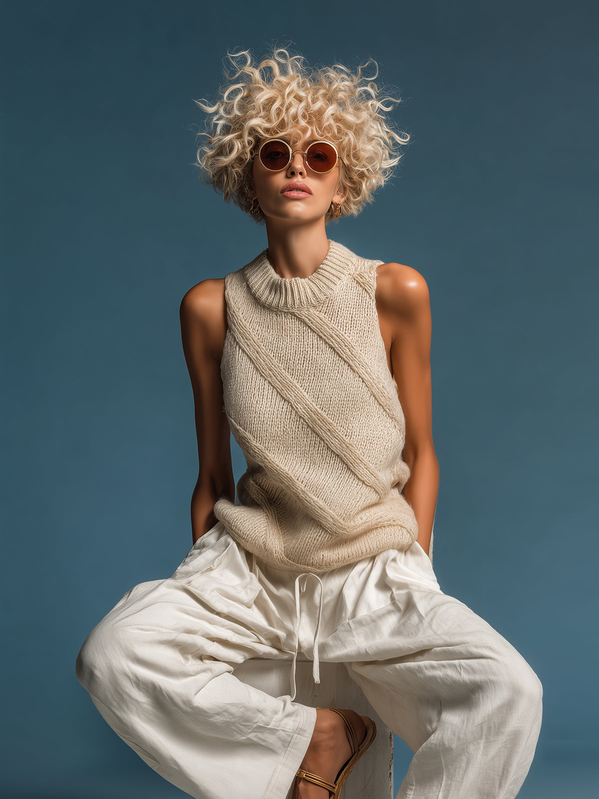 ElevenOra Chic Elegant Light Camel Striped Round-Neck Sleeveless Loose-Fit Knit Vest Top