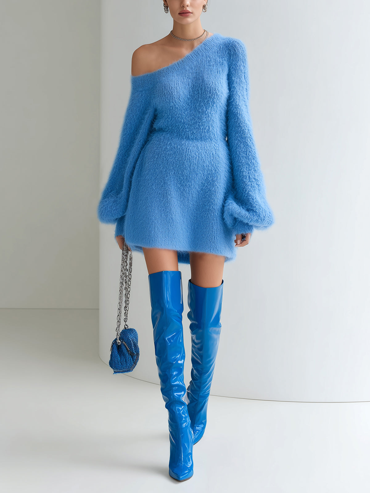ElevenOra Chic Elegant Blue One Shoulder Long Lantern Sleeve A-Line Fuzzy Knit Mini Dress