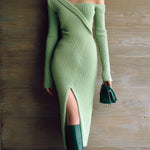 ElevenOra Stylish Solid Color Knit One-Shoulder Off Shoulder Long Sleeve Slit Midi Dress