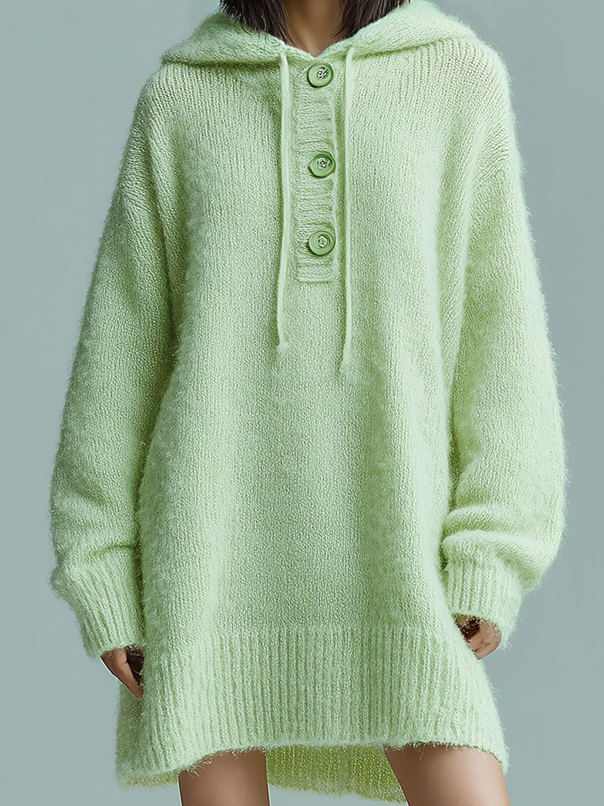 ElevenOra Chic Casual Light Green Hooded Drawstring Botton Oversized Long Sleeve Knit Mini Dress