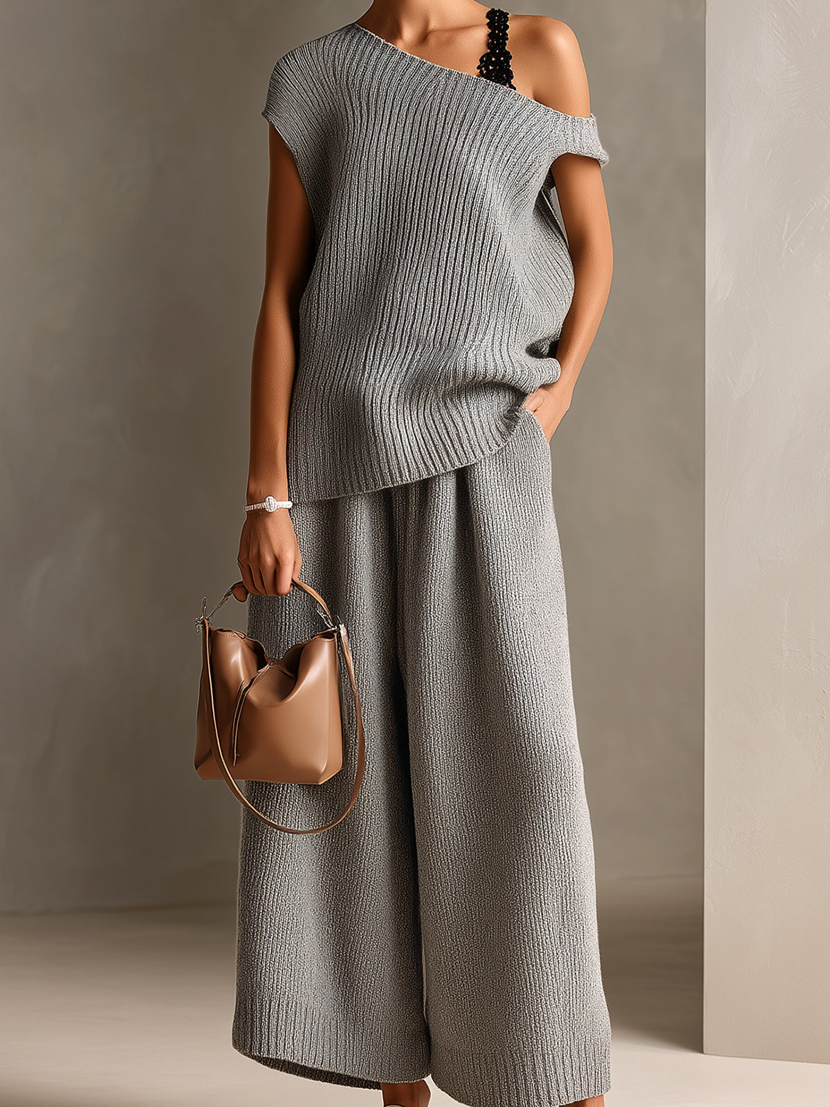 ElevenOra Chic Elegant Gray One Shoulder Short-Sleeve Lace Details Loose-Fit Sweater Oversize Wide-Leg Pants Ribbed Knit Two-Piece Set