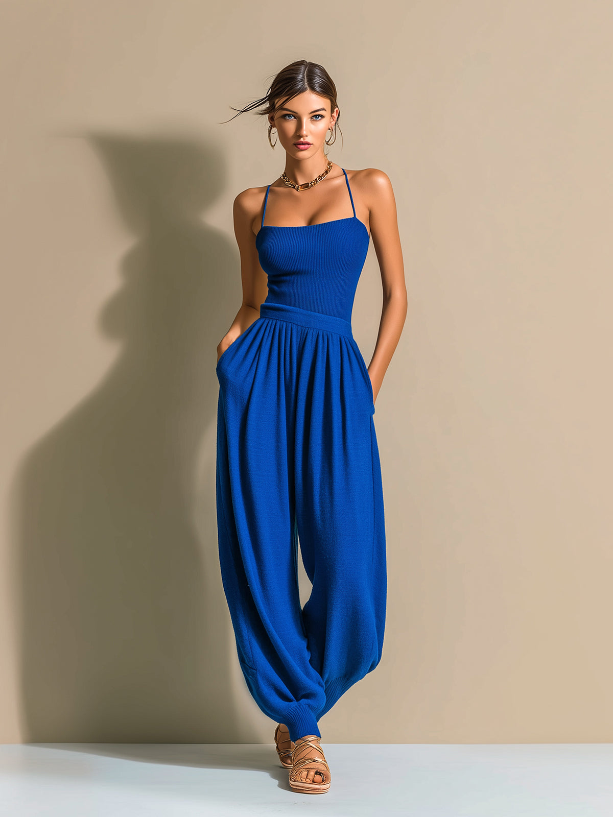 ElevenOra Chic Elegant Royal Blue Sleeveless Thin Straps Slim-Fit Camisole Loose Lantern Pants Knit Two-Piece Set