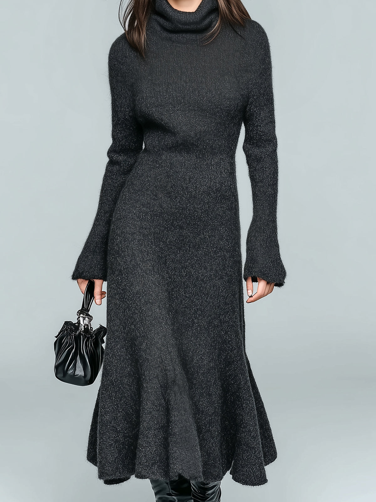 ElevenOra Chic Elegant Dark Gray Cowl Neck Long Sleeve Slim Fit Flared Hem Knit Maxi Dress