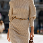 ElevenOra Casual Solid Color High Collar Belted Loose Long Sleeve Knitted Bodycon Mini Dress
