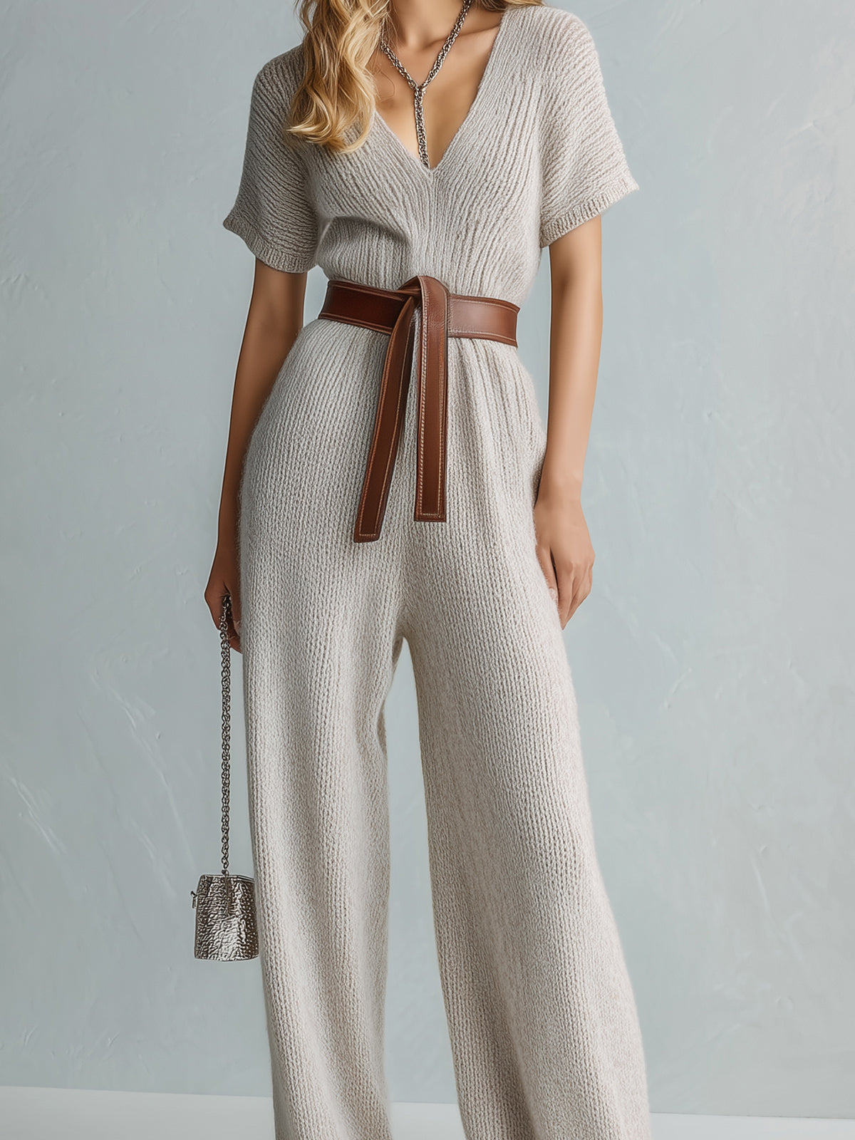 ElevenOra Chic Elegant Light Gray V-Neck Short-Sleeve Belted Loose-Fit Wide-Leg Knit Jumpsuit