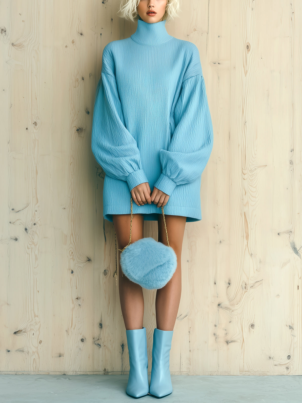 ElevenOra Chic Casual Baby Blue Pleated Textured Cotton Blend Turtleneck Lantern Sleeve Oversized Mini Dress