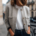 ElevenOra Chic Elegant Light Gray Crew Neck Gold Button Double Pocket Lace Cuff Cropped Knit Cardigan