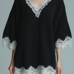 ElevenOra stylish Casual Black V-neck Lace Trim Short-sleeved Loose-fitting Knit Mini Dress